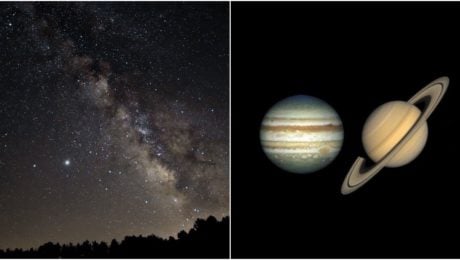 vesmír jupiter saturn nočná obloha december