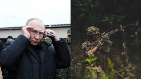 Vladimir Putin na stredisku, kde cvičia zmobilizovaných vojakov, ruský vojak