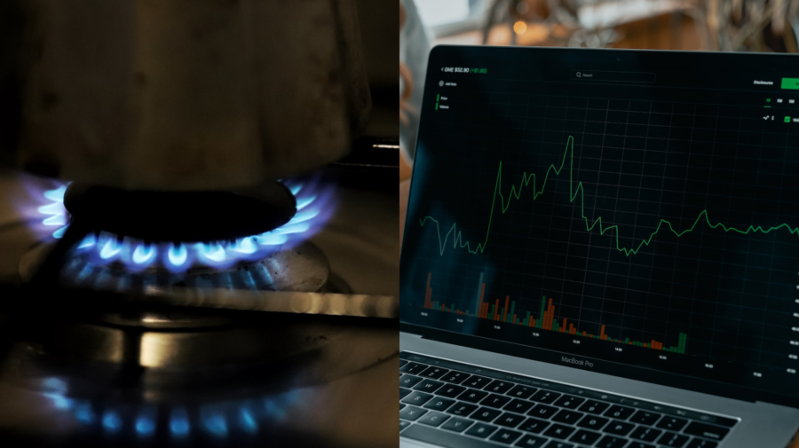 Plynový sporák a notebook s analytickými údajmi
