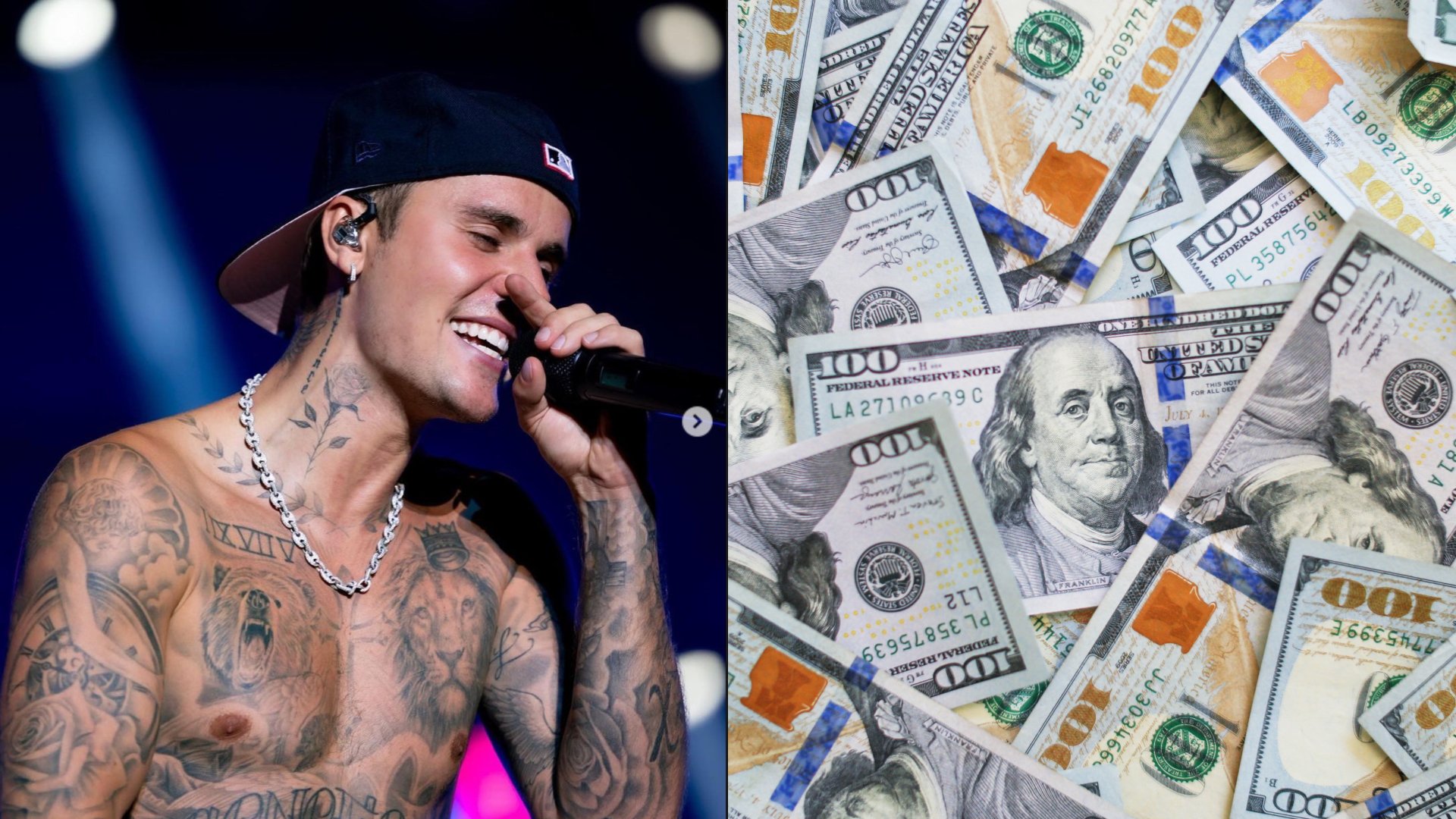 Justin Bieber na koncerte s mikrofónom. Doláre, peniaze