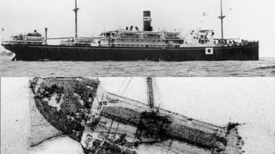 Japonská loď SS Montevideo Maru, ktorá sa potopila počas druhej svetovej vojny. Trosky lode, na ktorej zomrelo viac ako 1 000 ľudí.