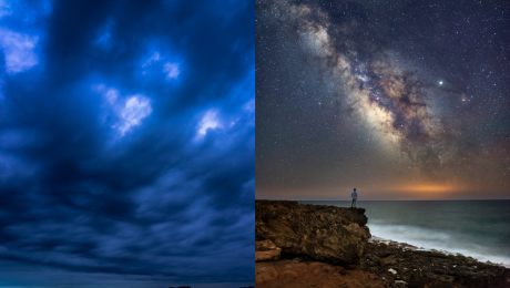 Noctilucent clouds a muž na útese pozorujúci oblohu