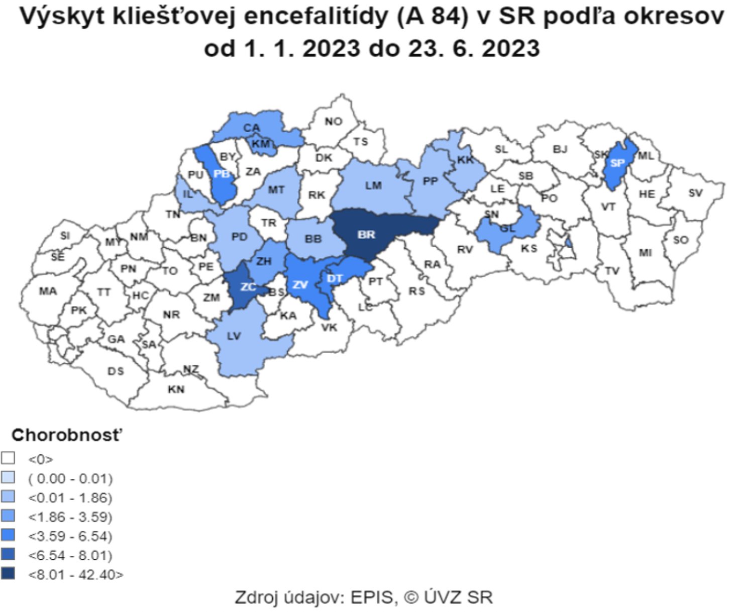 Počet prípadov kliešťovej encefalitídy podľa krajov v SR od 1.1. 2023 do 23.6.2023