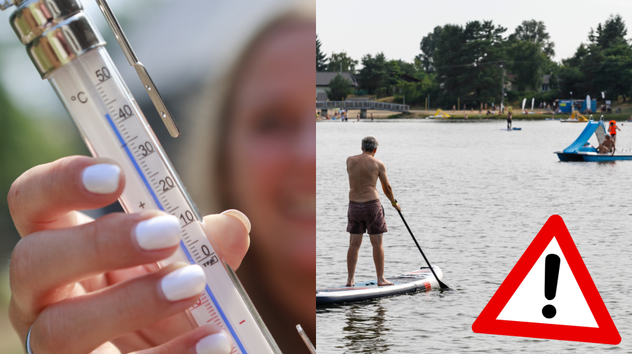 Teplomer a muž na paddleboarde na jazere