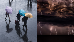 Ľudia s dáždnikmi a blesky