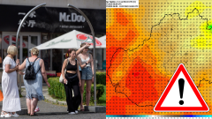 Na snímke ľudia prechádzajú cez rozprašovač vody počas horúceho letného dňa a mapka