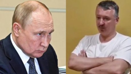 Ruský prezident Vladimir Putin znepokojený s vážnym výrazom. Ukrajinský tank preplnený vojakmi. Ruský nacionalista a vojenský kritik Strelkov Igor Girkin