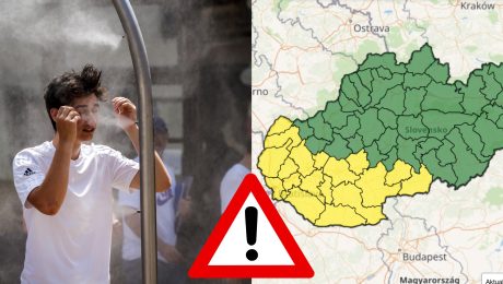 Muž sa ovlažuje vodou v horúčavach a mapka výstrah SHMÚ