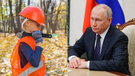 Rusko, detská pracovná sila. Vladimir Putin hľadí na dieťa v pracovnom odeve