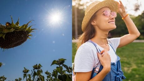 Slnko a žena s okuliarmi sa usmieva a drží si klobúk.