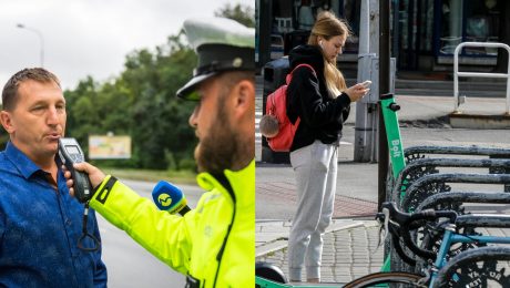 Policajt dáva fúkať mužovi a žena pred kolobežkami s mobilom v ruke.