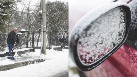 Muži odhŕňajú zasnežený chodník a zamznuté bočné zrkadlo na aute.