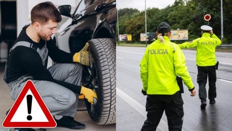 Muž mení pneumatiky na aute a policajti kontrolujú premávku.