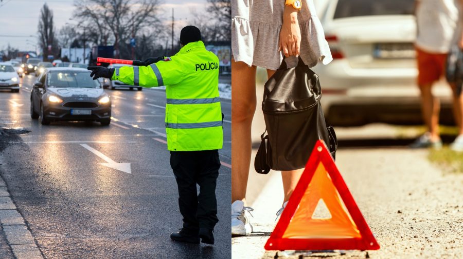 Policajt zastavuje auto a výstražný trojuholník na ceste.