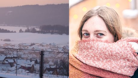 Zasnežená krajina a žena sa chráni pred mrazivým počasím teplým oblečením.