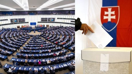 Na snímke europarlament a volebná urna s vlajkou v pozadí.