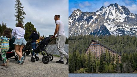 Rodina na prechádzke a pohľad na jazero Štrbské pleso.