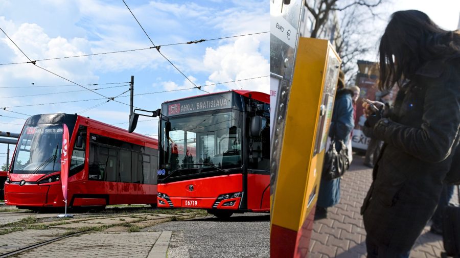 Na snímke električka a autobus v Bratislave a žena kupujúca si lístky.