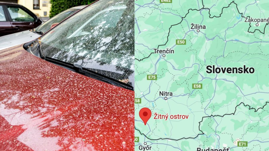 Saharský prach na aute a mapka Slovenska.