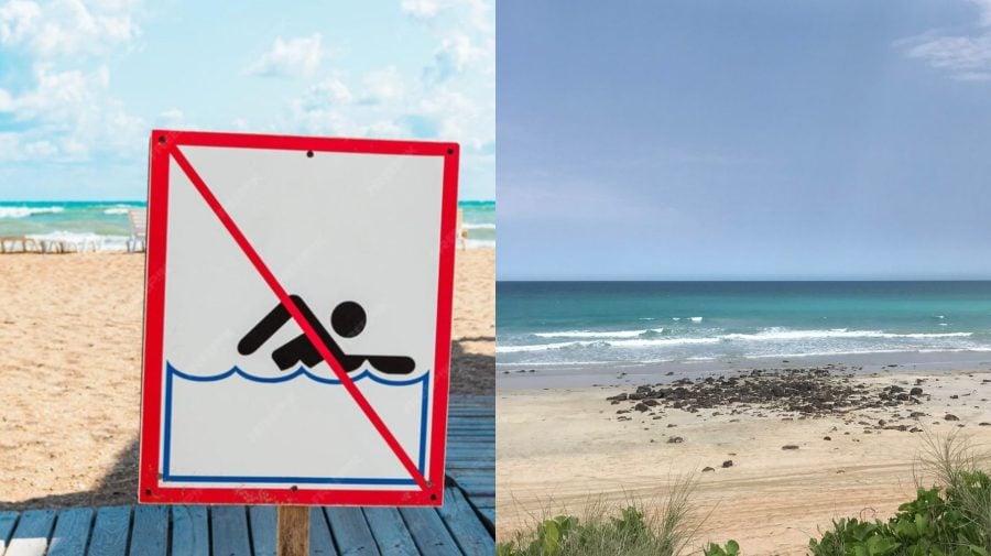 Zákaz plávania (tabuľa) a pláž.