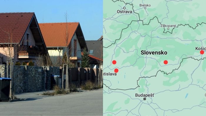 Pohľad na rodinné domy a mapa Slovenska s vyznačenými bodmi.