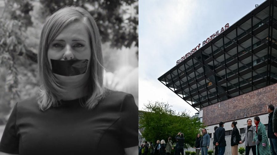 Na snímke moderátorka Marta Jančkárová s ústami prelepenými na protest a budova RTVS.