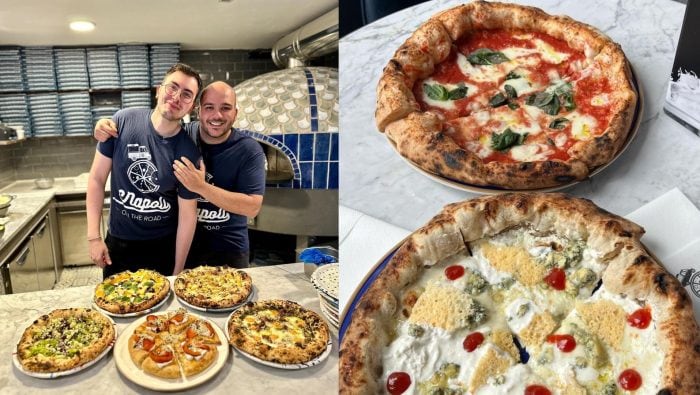 najlepšia pizza v Európe, Napoli on the Road, na snímke jej tím a dve pizze na stole