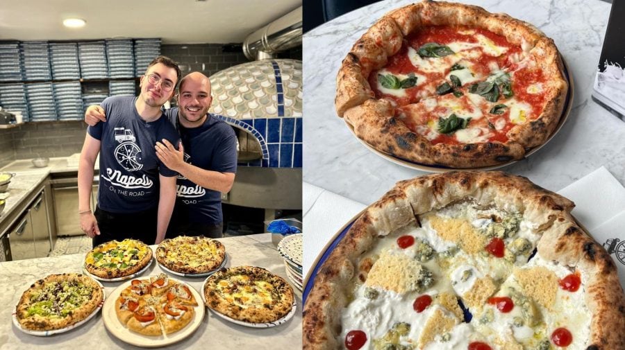 najlepšia pizza v Európe, Napoli on the Road, na snímke jej tím a dve pizze na stole