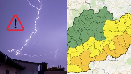 Na snímke blesk a mapa hydrometeorologických výstrah Slovenska.