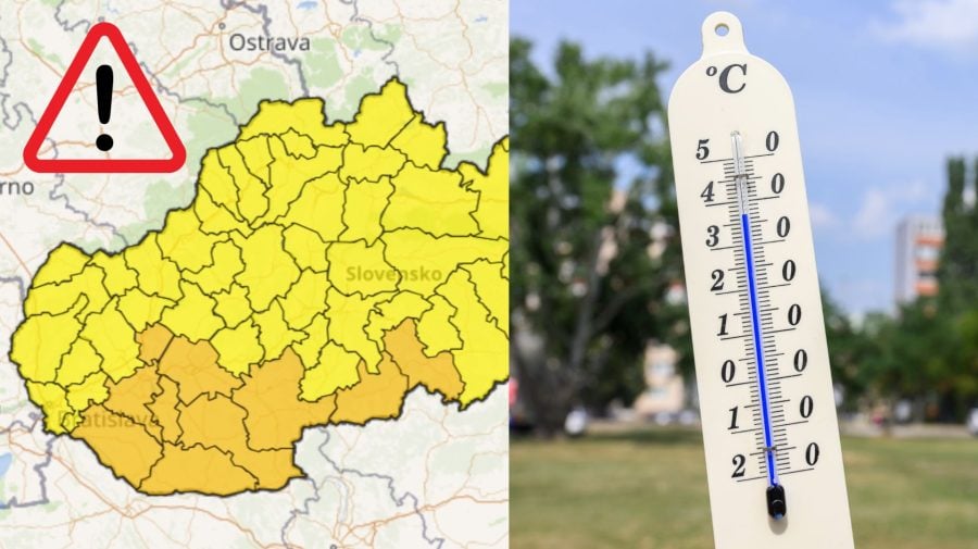 Na snímke mapa Slovenska s výstrahami od SHMÚ a teplomer ukazujúci 36 stupňov celzia.