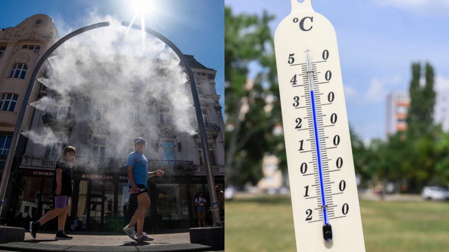 Na snímke ľudia sa ochladzujú počas vysokých teplôt a teplomer.