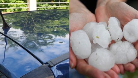 Strecha auta poškodeného krúpami a krúpy v rukách.