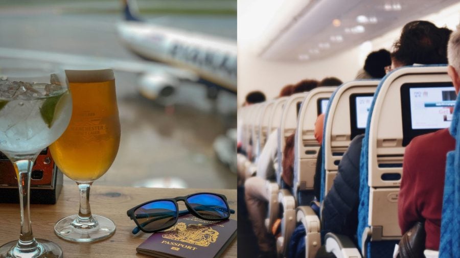 Na snímke pivo, drink a pas na letisku v pozadí s lietadlom a ulička s pasažiermi v lietadle.