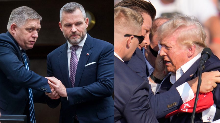 Na snímke premiér Robert Fico, prezident Peter Pellegrini a americký exprezident a kandidát Donald Trump.