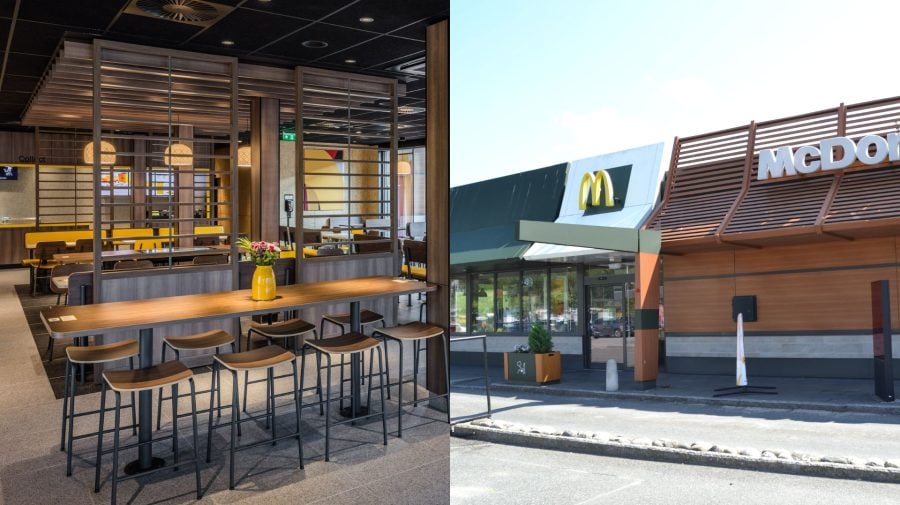 Interiér McDonald's Avion a ilustračná fotografia odlišnej prevádzky McDonald's