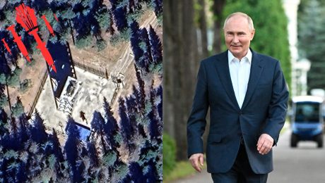 Obranný systém, Putinov palác a Putin. Na snímke obranný systém pri paláci na brehu Valdajského jazera a Vladimir Putin