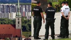 Na snímke kostol Sv. Martina v pozadí s Petržalkou a policajti.