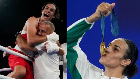 Na snímke olympijská víťazka v boxe do 66 kg Imane Khelif vo výhre vo finále a s medailou na krku.