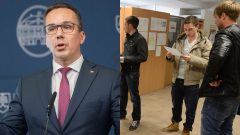 Na snímke minister práce Erik Tomáš a ľudia v rade na úrade.