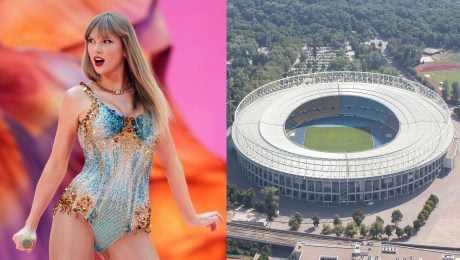 Speváčka Taylor Swift počas koncertu a štadión vo Viedni.