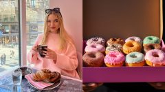 žena, kaviareň, donuts