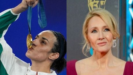 Na snímke boxerka Imane Khelif a spisovateľka J.K. Rowling