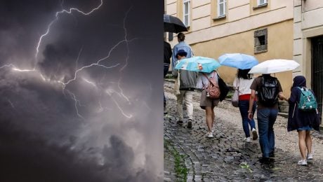 Na snímke búrky a ľudia s dáždnikmi v uliciach Bratislavy.