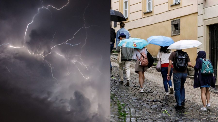 Na snímke búrky a ľudia s dáždnikmi v uliciach Bratislavy.