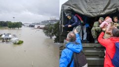 Zaplavená Bratislava a vojaci pomáhajú evakuovať ľudí.