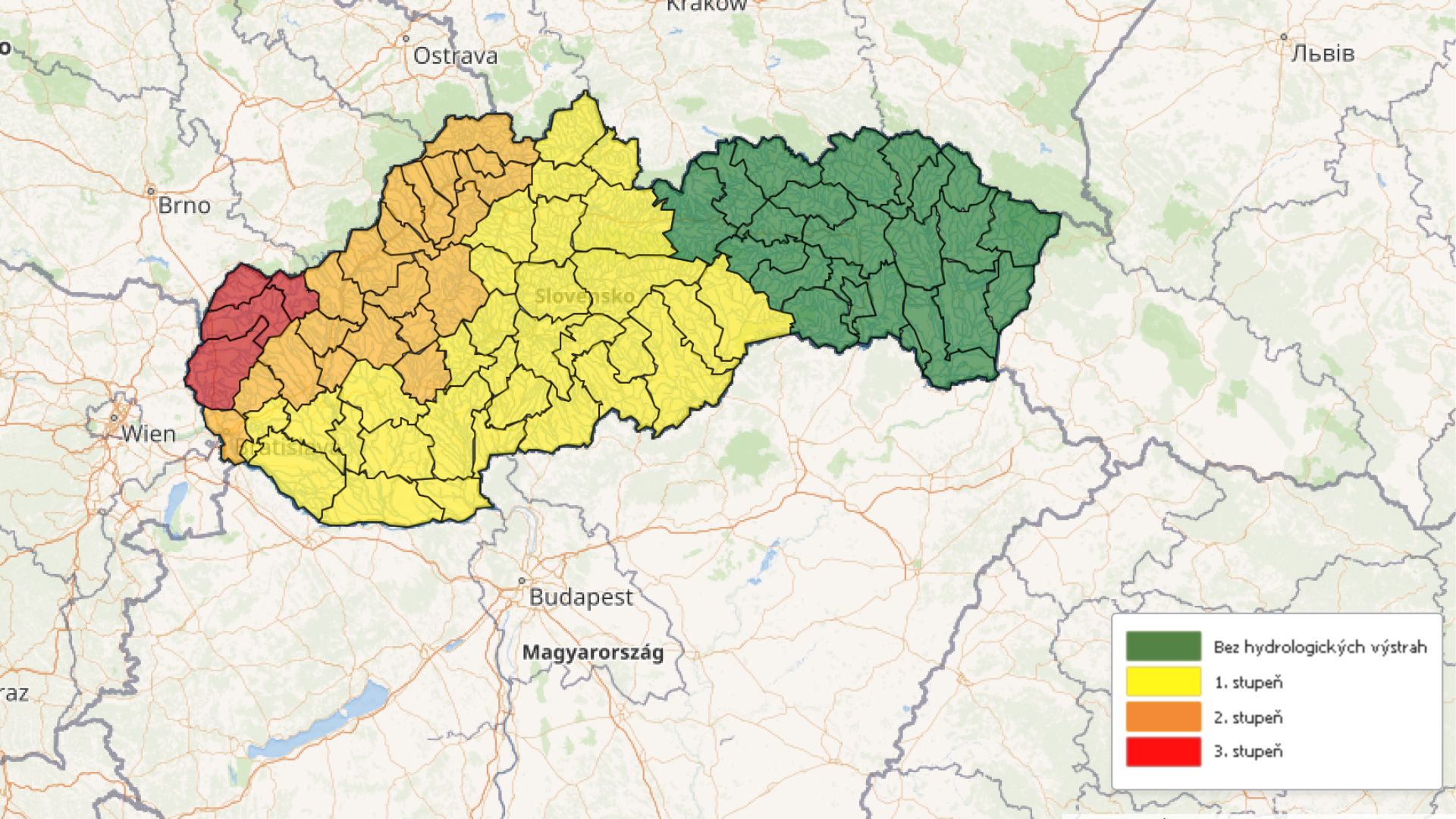 Mapa hydrologických výstrah na Slovensku.