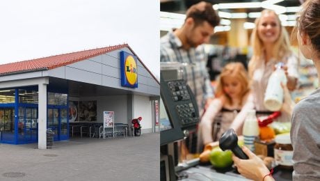 Lidl predajňa a zákazníci pri pokladni.