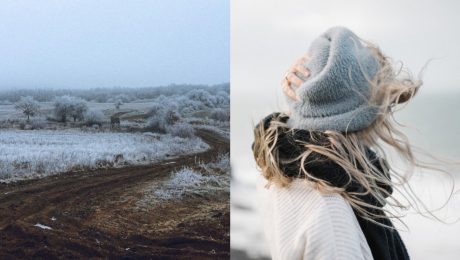 Zamrznutá krajina a žene fúka vietor do vlasov.