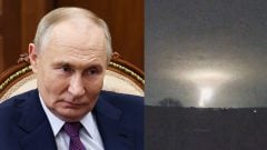 Na snímke ruský prezident Vladimir Putin a raketa, ktorú Rusi odpálili 21. novembra 2024.