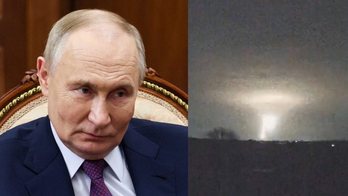 Na snímke ruský prezident Vladimir Putin a raketa, ktorú Rusi odpálili 21. novembra 2024.